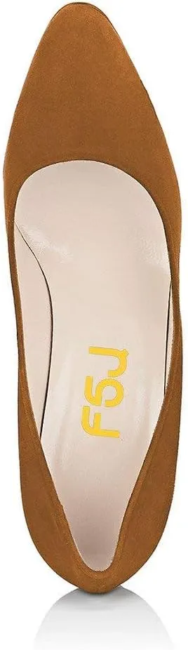 FSJ Women Classic Chunky High Heel Closed Round Almond Toe Slip On Formal Office Pumps Size 4-15 US