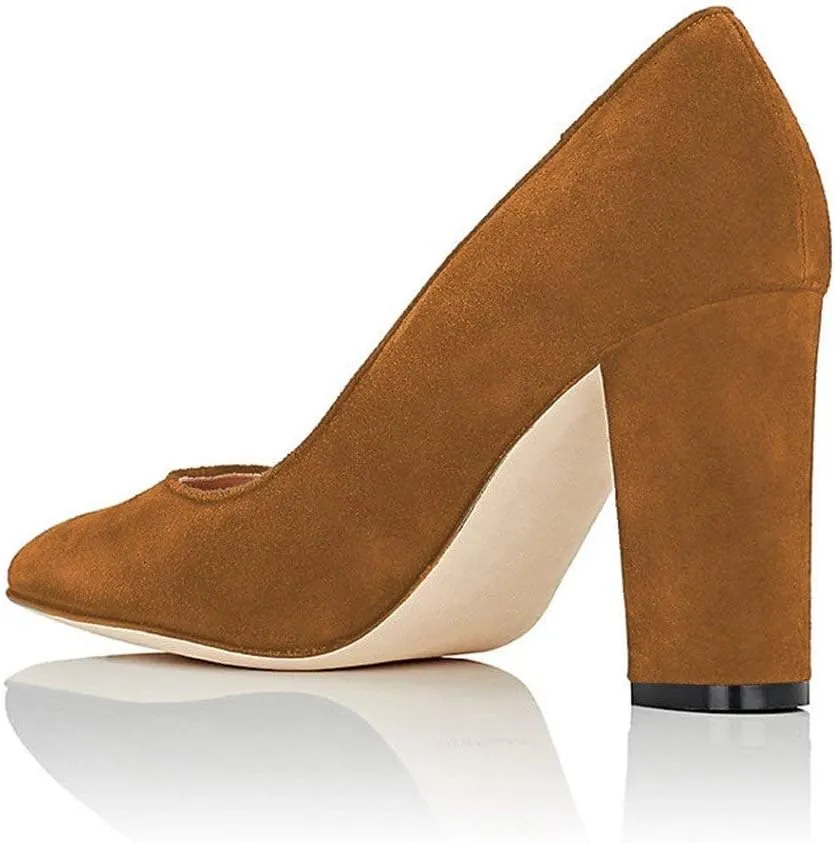 FSJ Women Classic Chunky High Heel Closed Round Almond Toe Slip On Formal Office Pumps Size 4-15 US