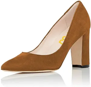 FSJ Women Classic Chunky High Heel Closed Round Almond Toe Slip On Formal Office Pumps Size 4-15 US
