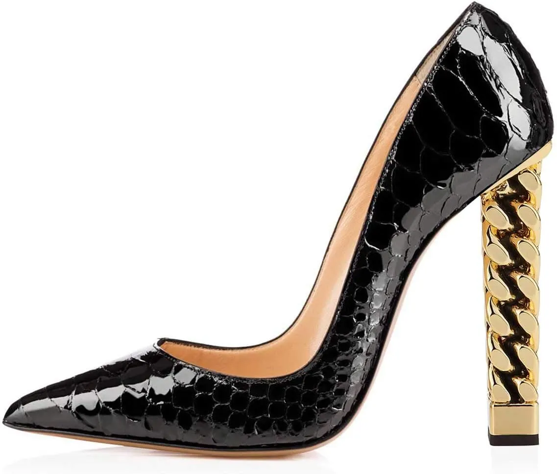 FSJ Women Gold Metal Chain Chunky High Heel Pointed Toe Slip On Fashion Party Prom Pumps Prom Shoes Size 4-15 US