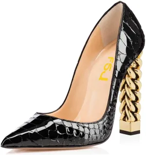 FSJ Women Gold Metal Chain Chunky High Heel Pointed Toe Slip On Fashion Party Prom Pumps Prom Shoes Size 4-15 US