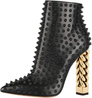 FSJ Women Trendy Pointed Toe Ankle Boot Block Chunky Gold High Heel Bootie Party Prom Shoes with Zipper Size 4-15 US