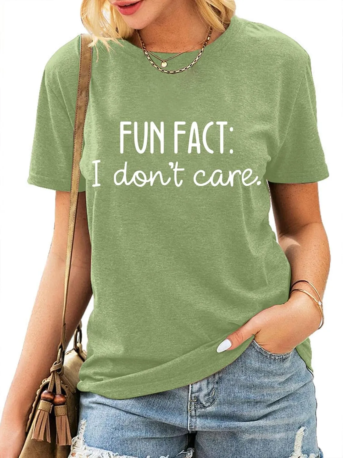 Fun Fact I Don't Care Shirts for Women Funny Letter Printed Casual Short Sleeve Tee Top
