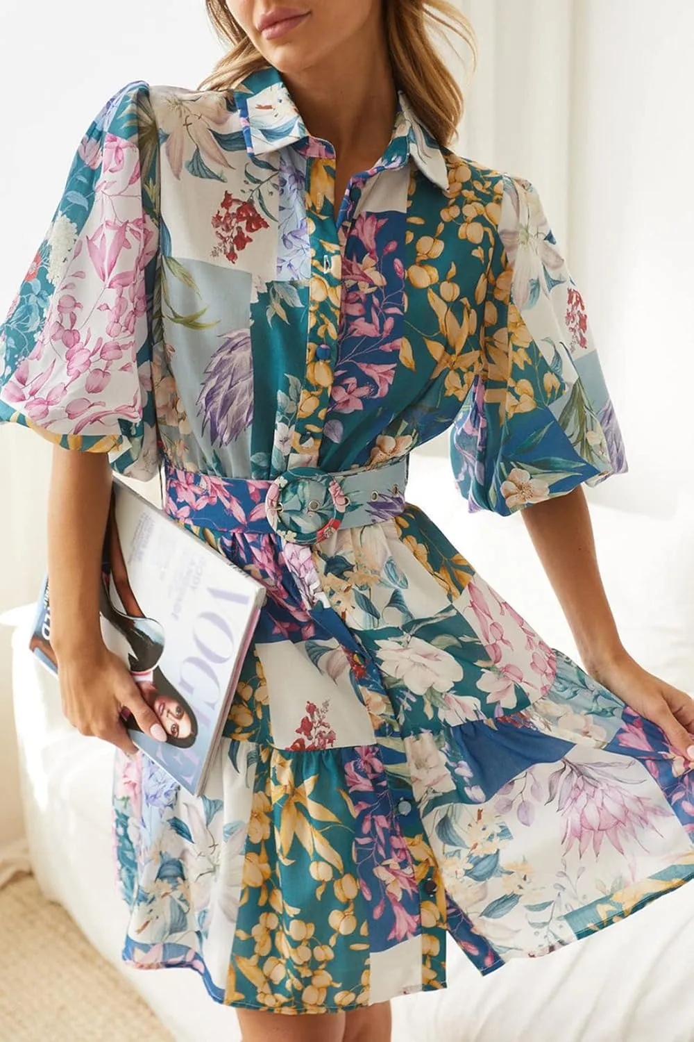 futurino Women Single Breasted A-line Dress, Floral Printed Boho Style Lantern Short Sleeve with Belt Summer Dress