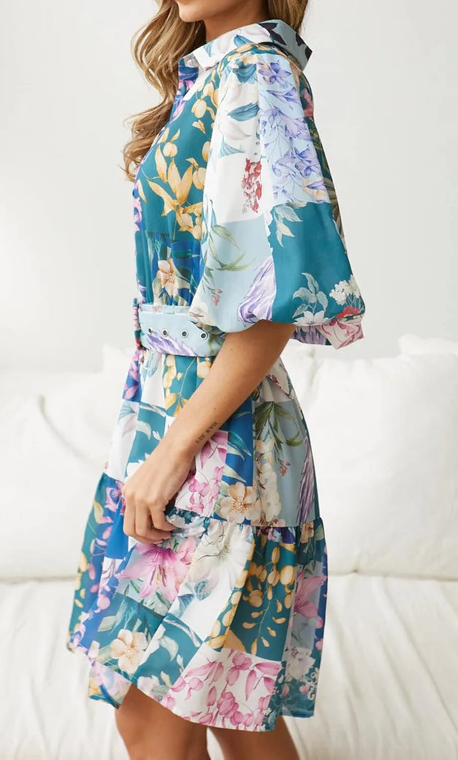 futurino Women Single Breasted A-line Dress, Floral Printed Boho Style Lantern Short Sleeve with Belt Summer Dress