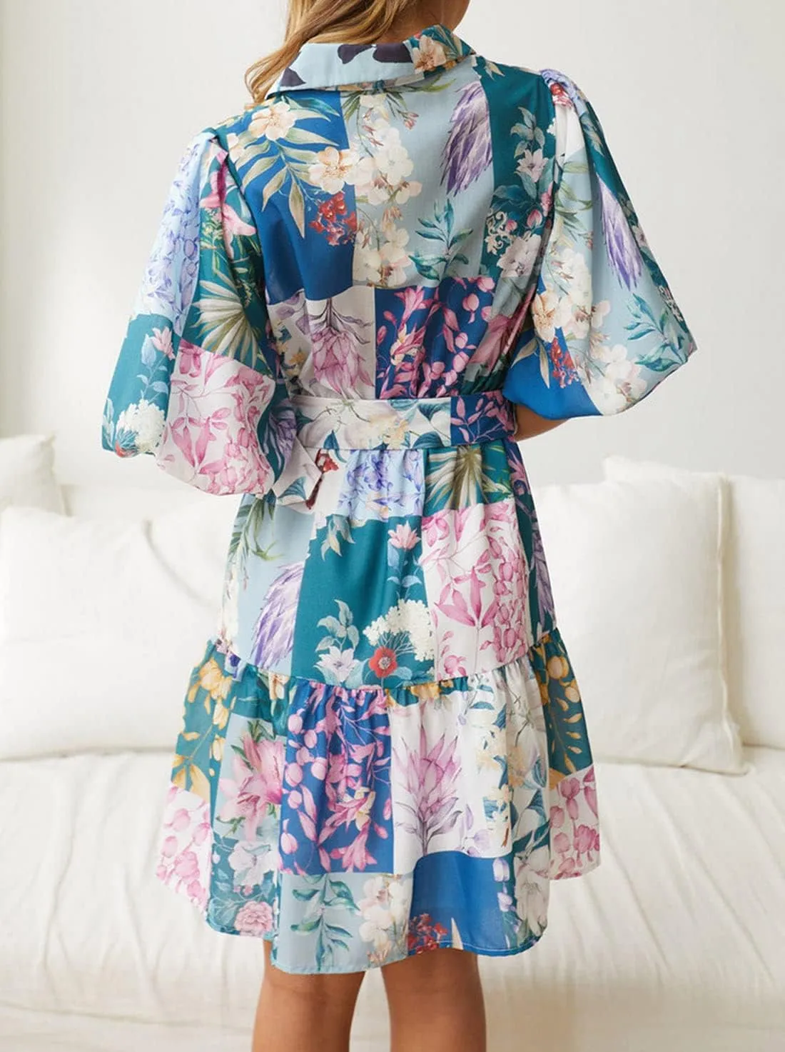 futurino Women Single Breasted A-line Dress, Floral Printed Boho Style Lantern Short Sleeve with Belt Summer Dress