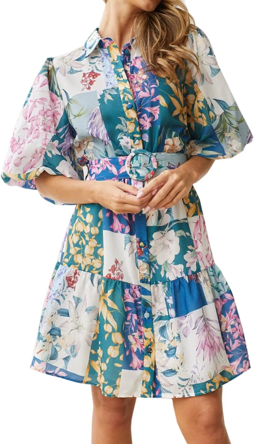 futurino Women Single Breasted A-line Dress, Floral Printed Boho Style Lantern Short Sleeve with Belt Summer Dress