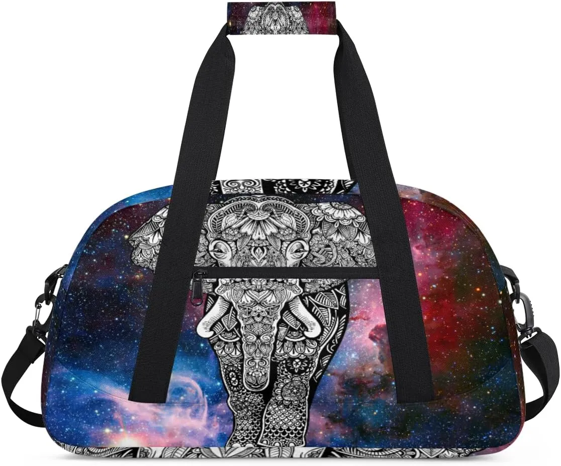Galaxy Nebula Gym Duffel Bag for Men Women Ethnic Elephant Sports Tote Bag with Adjustable Shoulder Strap for Dance Gymnastics Traveling Outdoor Camping Overnight Stay