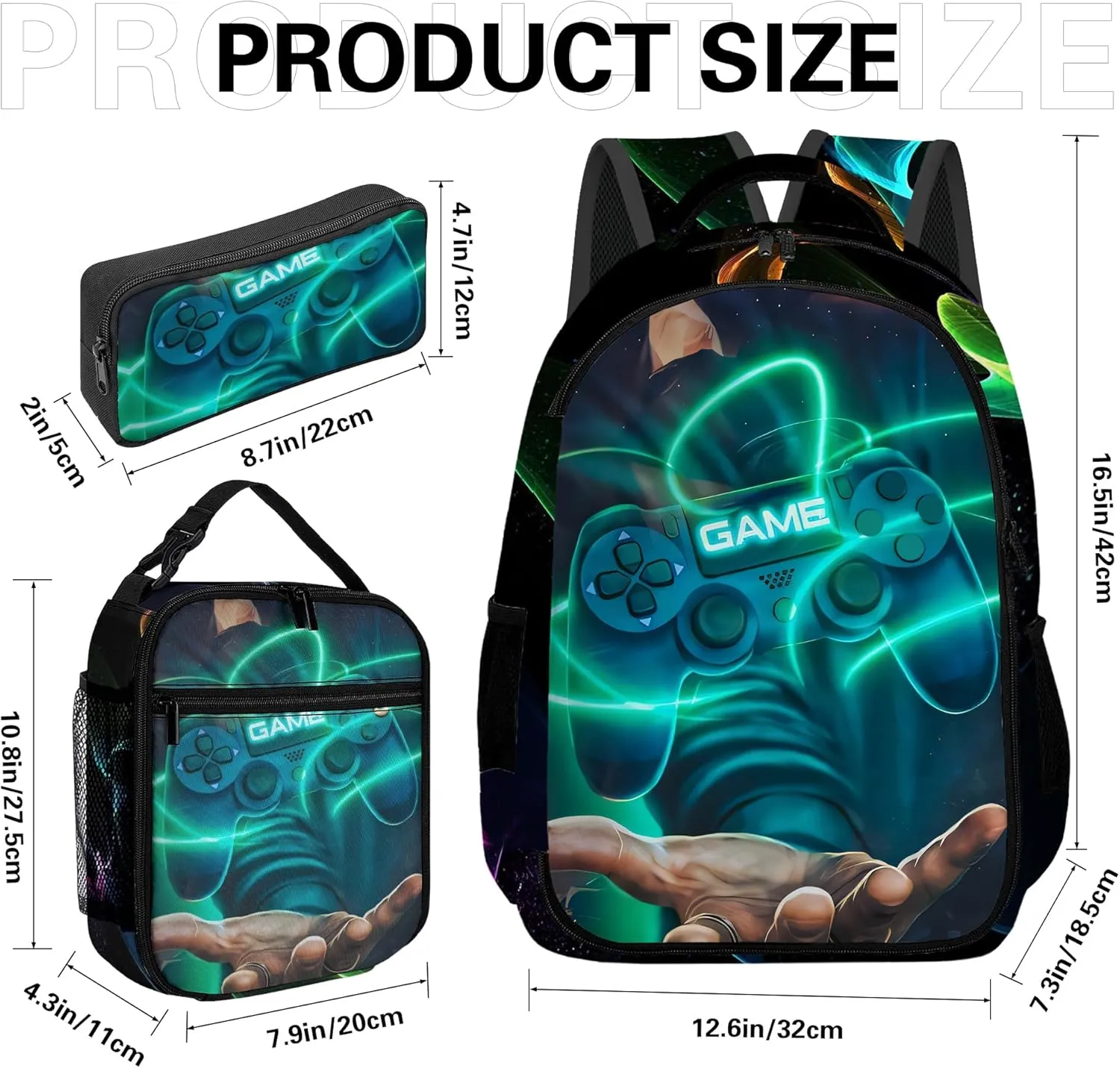 Game Backpack Set for Boys, Gaming Backpack 3 Pack, Boy Backpack Lunch Box, and Pencil Bag for Kids Teens Elementary Middle School， Large Capacity Game School Bag 17" ravel Back Pack