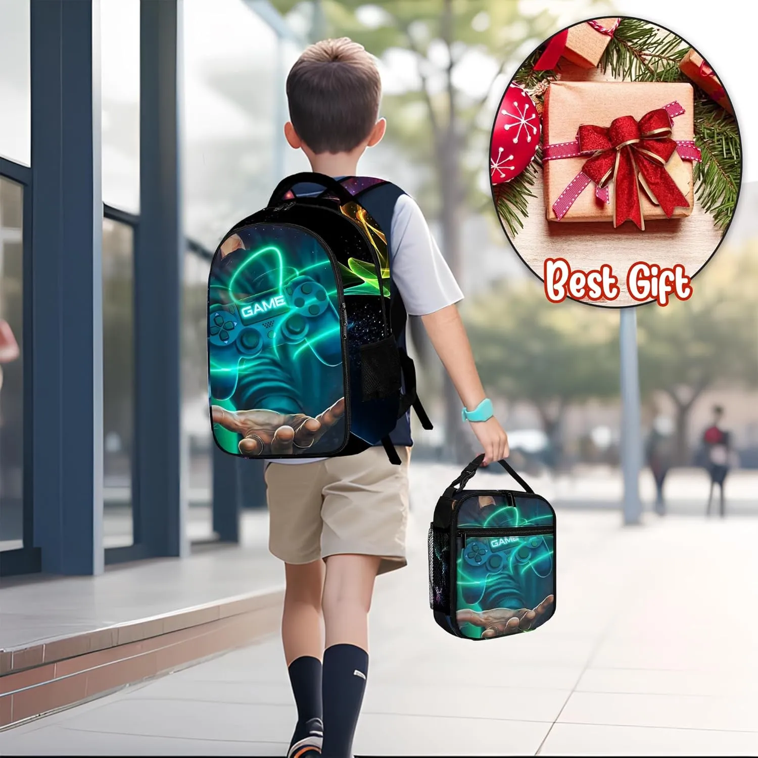 Game Backpack Set for Boys, Gaming Backpack 3 Pack, Boy Backpack Lunch Box, and Pencil Bag for Kids Teens Elementary Middle School， Large Capacity Game School Bag 17" ravel Back Pack