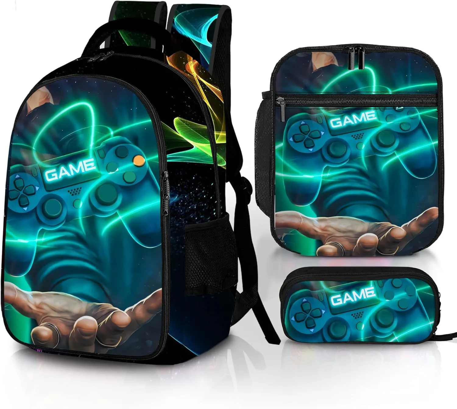 Game Backpack Set for Boys, Gaming Backpack 3 Pack, Boy Backpack Lunch Box, and Pencil Bag for Kids Teens Elementary Middle School， Large Capacity Game School Bag 17" ravel Back Pack