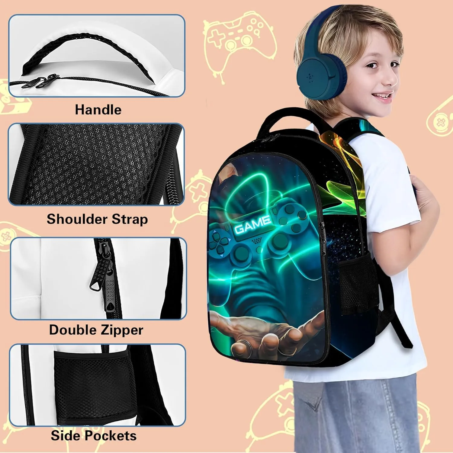 Game Backpack Set for Boys, Gaming Backpack 3 Pack, Boy Backpack Lunch Box, and Pencil Bag for Kids Teens Elementary Middle School， Large Capacity Game School Bag 17" ravel Back Pack