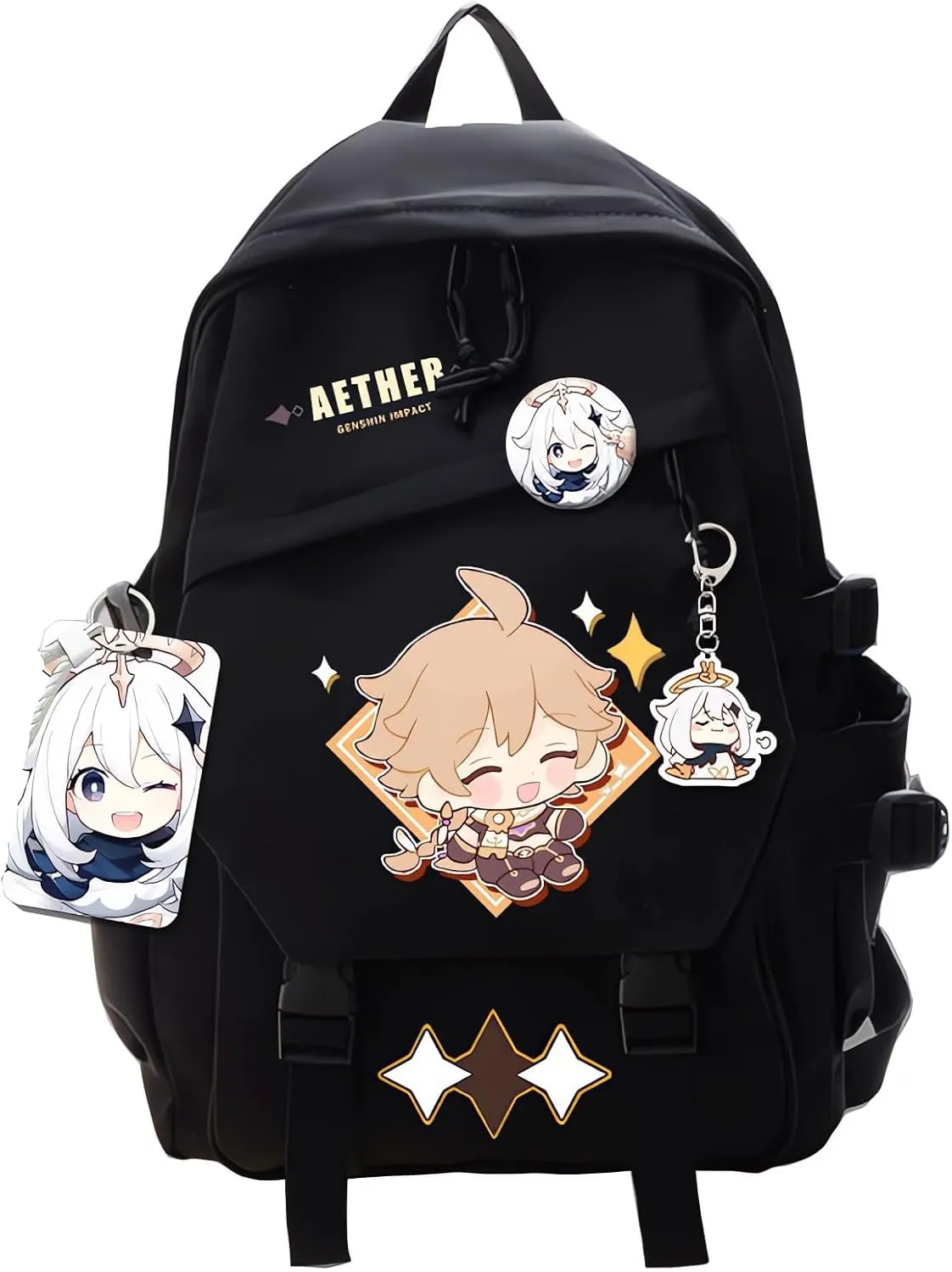 Genshin Impact Backpack Aether Backpack Cute 3D Printed Daypack Laptop 17" Large Capacity Travel Black BackPack With Gift