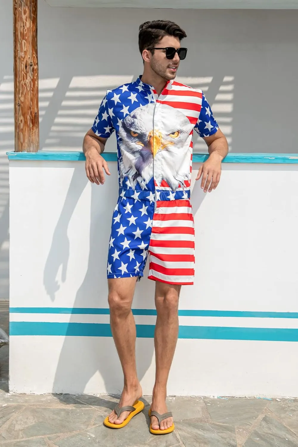 Goodstoworld Male Hawaiian Romper Fashion Zipper Slim Fit Jumpsuit with Pocket S-XXL