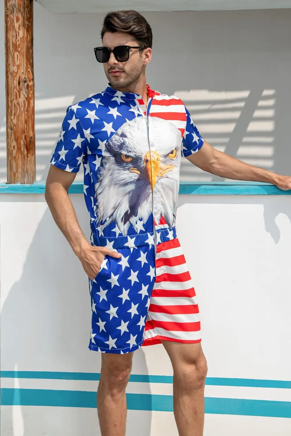Goodstoworld Male Hawaiian Romper Fashion Zipper Slim Fit Jumpsuit with Pocket S-XXL