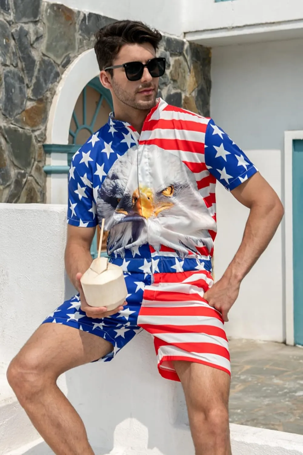 Goodstoworld Male Hawaiian Romper Fashion Zipper Slim Fit Jumpsuit with Pocket S-XXL