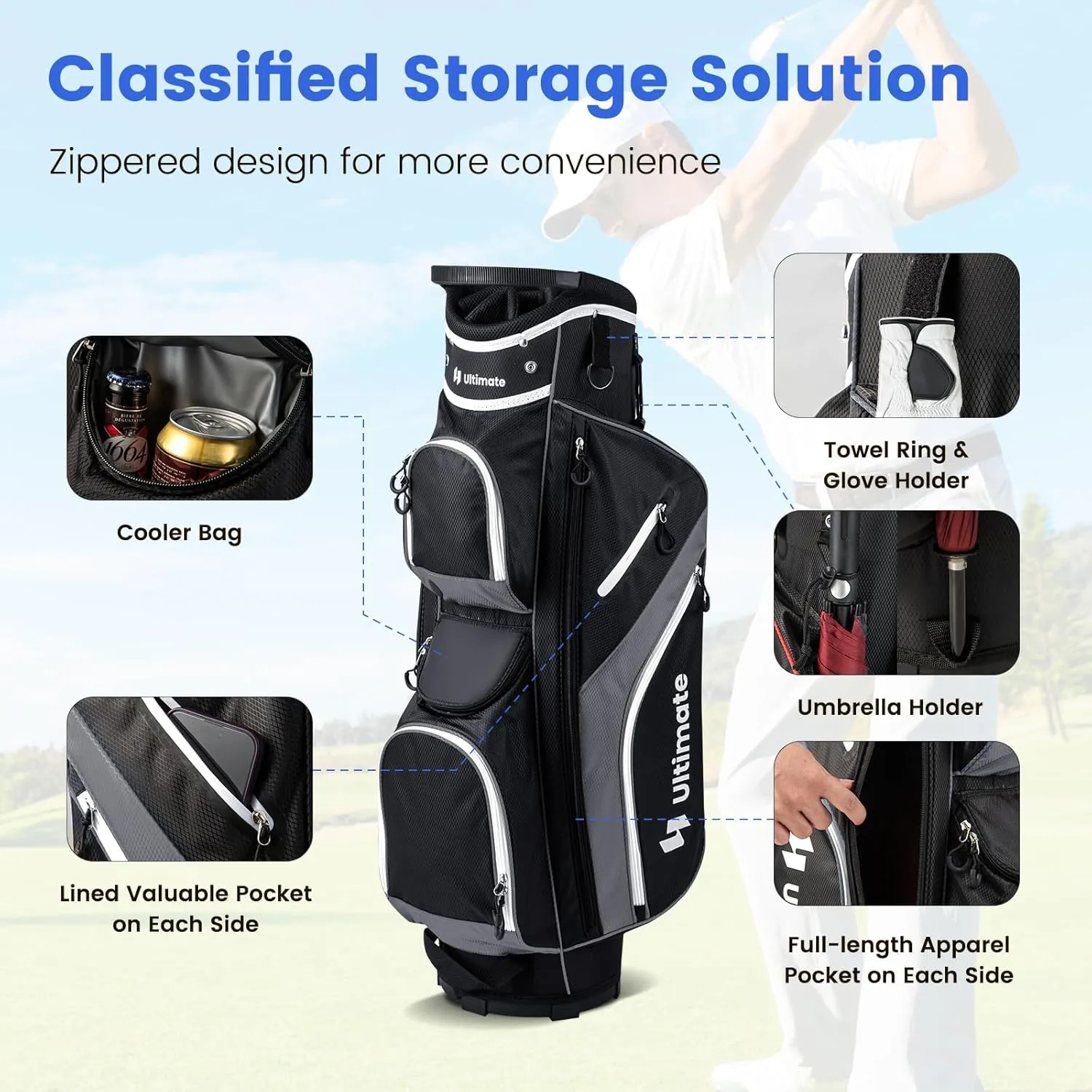 Goplus Golf Cart Bag with 14-Way Top Dividers, 9 Zippered Pockets, Cooler Bag, Rain Hood, Shoulder Strap, Carry Handle, Lightweight Golf Club Bags for Men Women