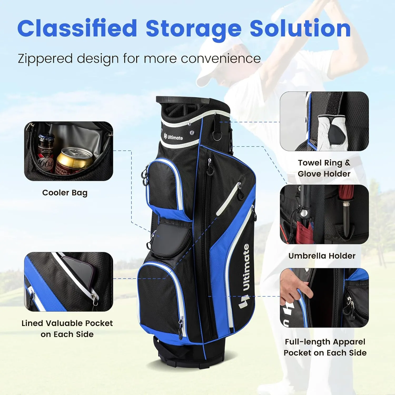 Goplus Golf Cart Bag with 14-Way Top Dividers, 9 Zippered Pockets, Cooler Bag, Rain Hood, Shoulder Strap, Carry Handle, Lightweight Golf Club Bags for Men Women