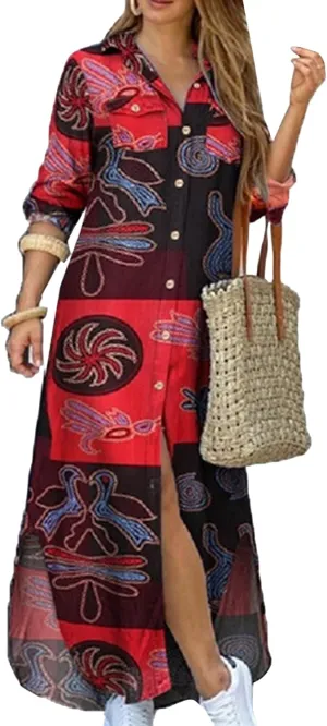 GORIFE Women's Casual Long Sleeve Dress Button Down Lapel Collar Maxi Dress Floral Printed Long Shirt Loose Dress