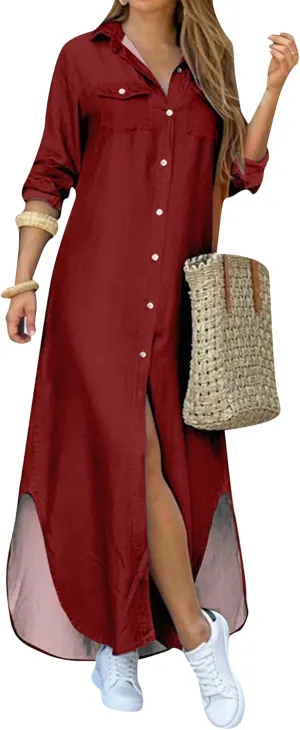 GORIFE Women's Casual Long Sleeve Dress Button Down Lapel Collar Maxi Dress Floral Printed Long Shirt Loose Dress