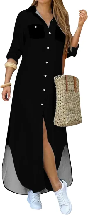 GORIFE Women's Casual Long Sleeve Dress Button Down Lapel Collar Maxi Dress Floral Printed Long Shirt Loose Dress