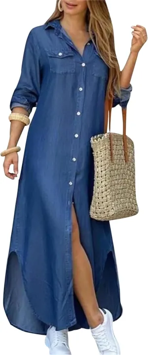 GORIFE Women's Casual Long Sleeve Dress Button Down Lapel Collar Maxi Dress Floral Printed Long Shirt Loose Dress