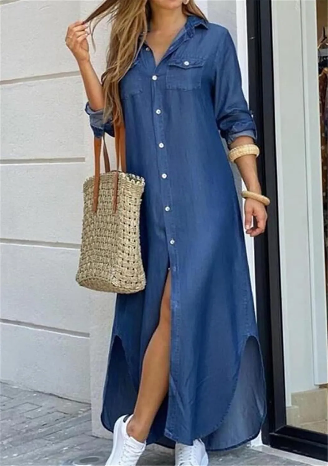GORIFE Women's Casual Long Sleeve Dress Button Down Lapel Collar Maxi Dress Floral Printed Long Shirt Loose Dress