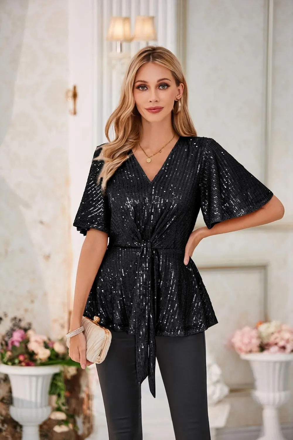 GRACE KARIN 2023 Women's Elegant Sequin Tops V Neck Tie Front Short Bell Sleeve Shirts Peplum Tops Blouse