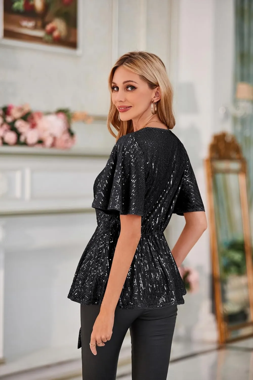 GRACE KARIN 2023 Women's Elegant Sequin Tops V Neck Tie Front Short Bell Sleeve Shirts Peplum Tops Blouse
