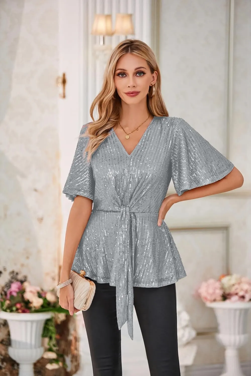 GRACE KARIN 2023 Women's Elegant Sequin Tops V Neck Tie Front Short Bell Sleeve Shirts Peplum Tops Blouse