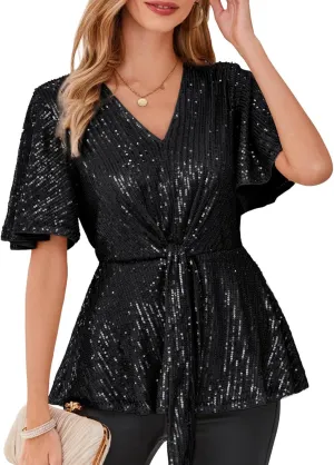GRACE KARIN 2023 Women's Elegant Sequin Tops V Neck Tie Front Short Bell Sleeve Shirts Peplum Tops Blouse