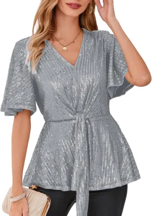 GRACE KARIN 2023 Women's Elegant Sequin Tops V Neck Tie Front Short Bell Sleeve Shirts Peplum Tops Blouse