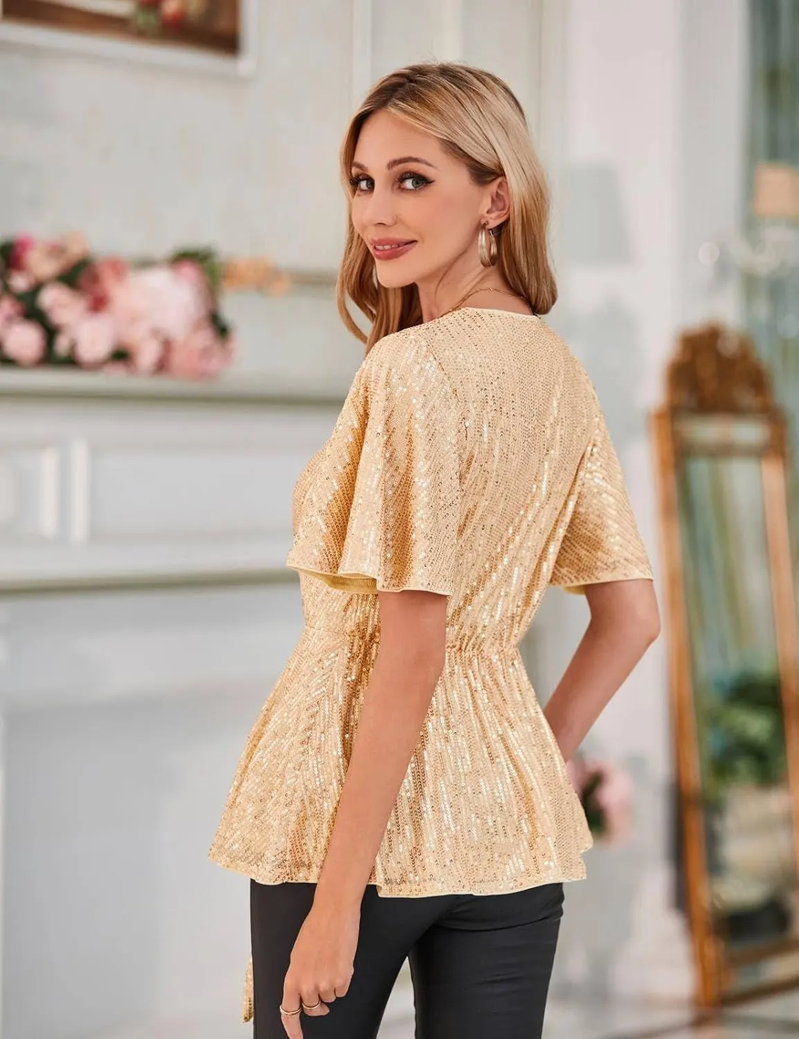 GRACE KARIN 2023 Women's Elegant Sequin Tops V Neck Tie Front Short Bell Sleeve Shirts Peplum Tops Blouse