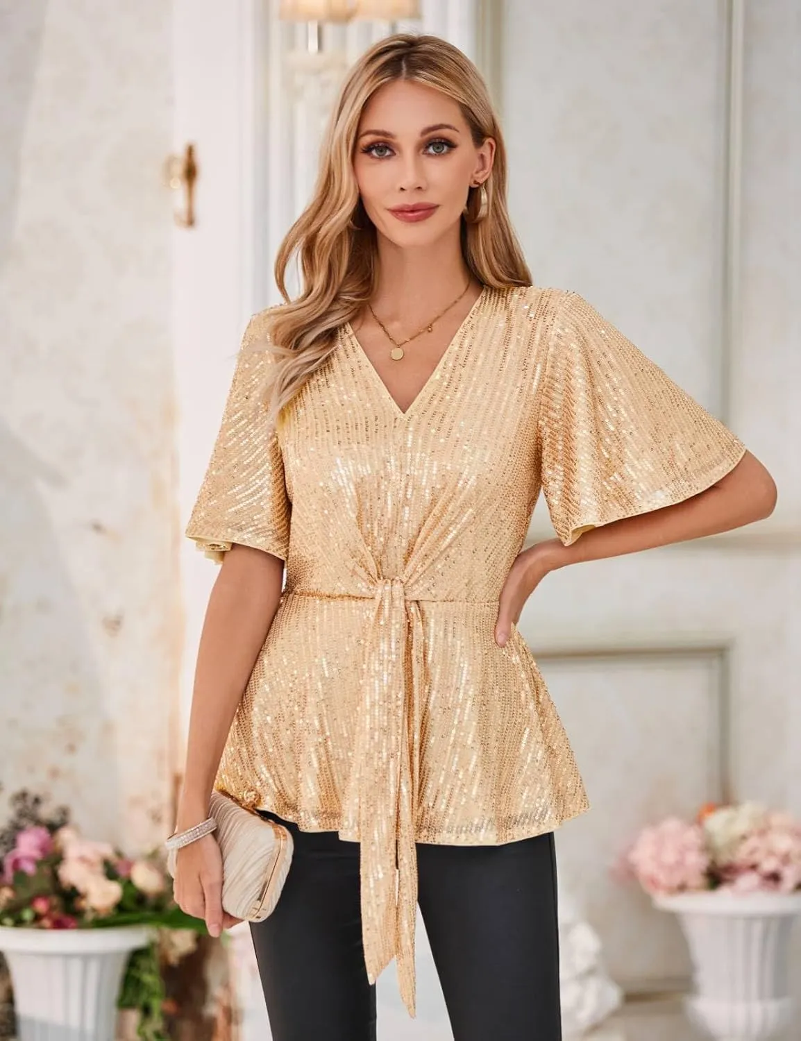 GRACE KARIN 2023 Women's Elegant Sequin Tops V Neck Tie Front Short Bell Sleeve Shirts Peplum Tops Blouse