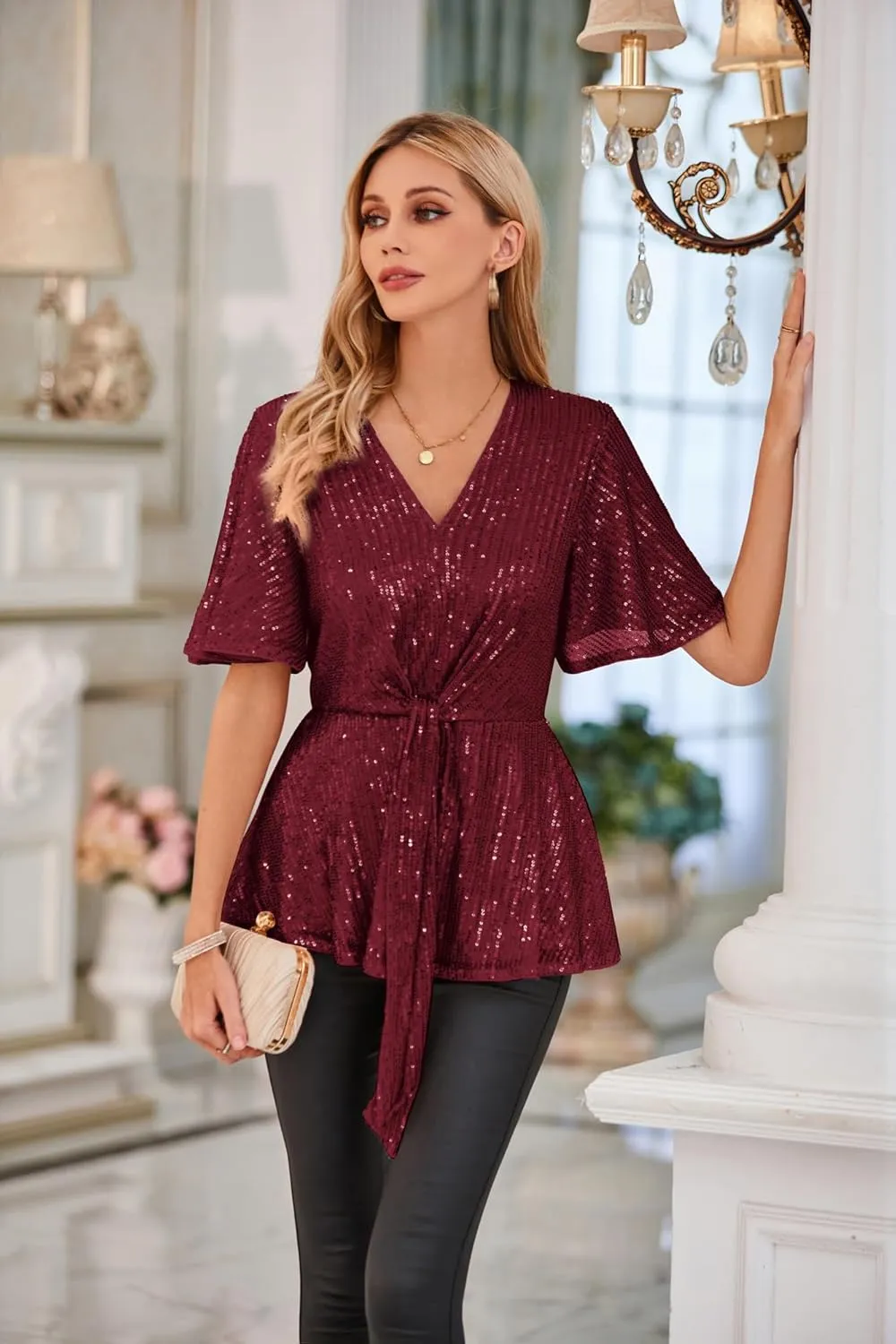 GRACE KARIN 2023 Women's Elegant Sequin Tops V Neck Tie Front Short Bell Sleeve Shirts Peplum Tops Blouse