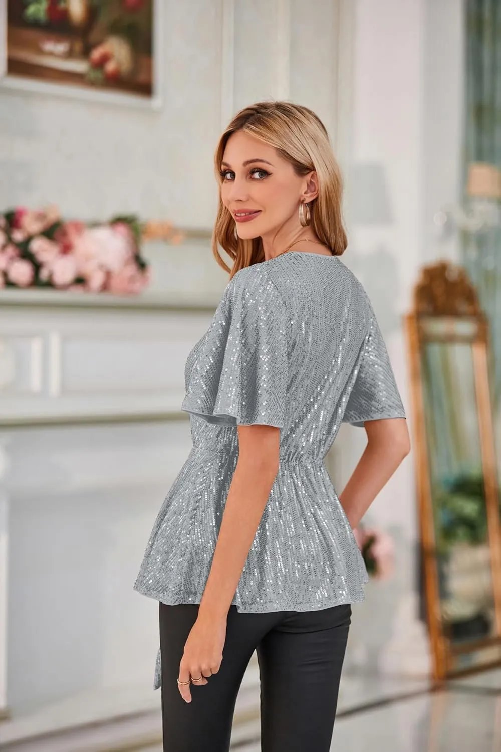 GRACE KARIN 2023 Women's Elegant Sequin Tops V Neck Tie Front Short Bell Sleeve Shirts Peplum Tops Blouse