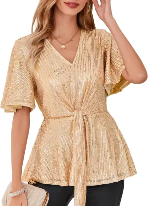 GRACE KARIN 2023 Women's Elegant Sequin Tops V Neck Tie Front Short Bell Sleeve Shirts Peplum Tops Blouse