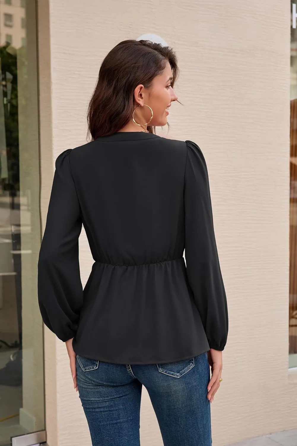 GRACE KARIN 2024 Women's Elegant Peplum Tops V Neck Tie Front Long Sleeve Shirts Tops Blouse