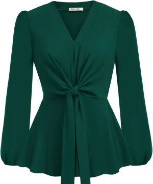 GRACE KARIN 2024 Women's Elegant Peplum Tops V Neck Tie Front Long Sleeve Shirts Tops Blouse