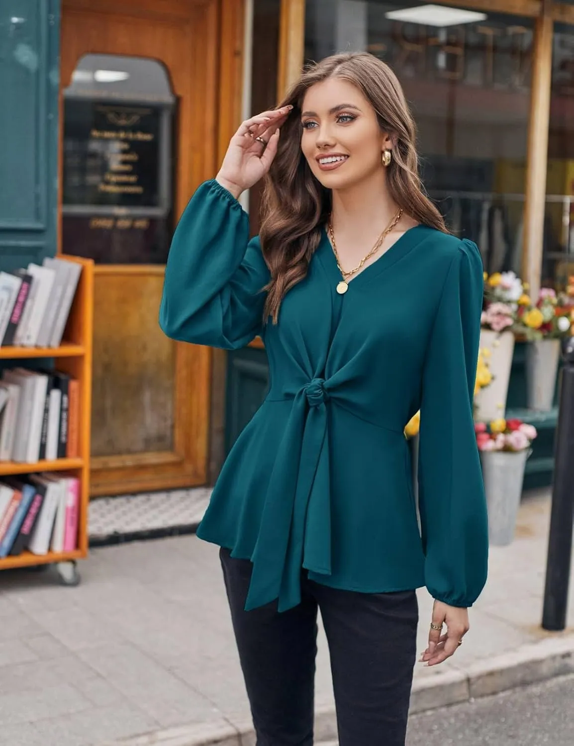 GRACE KARIN 2024 Women's Elegant Peplum Tops V Neck Tie Front Long Sleeve Shirts Tops Blouse