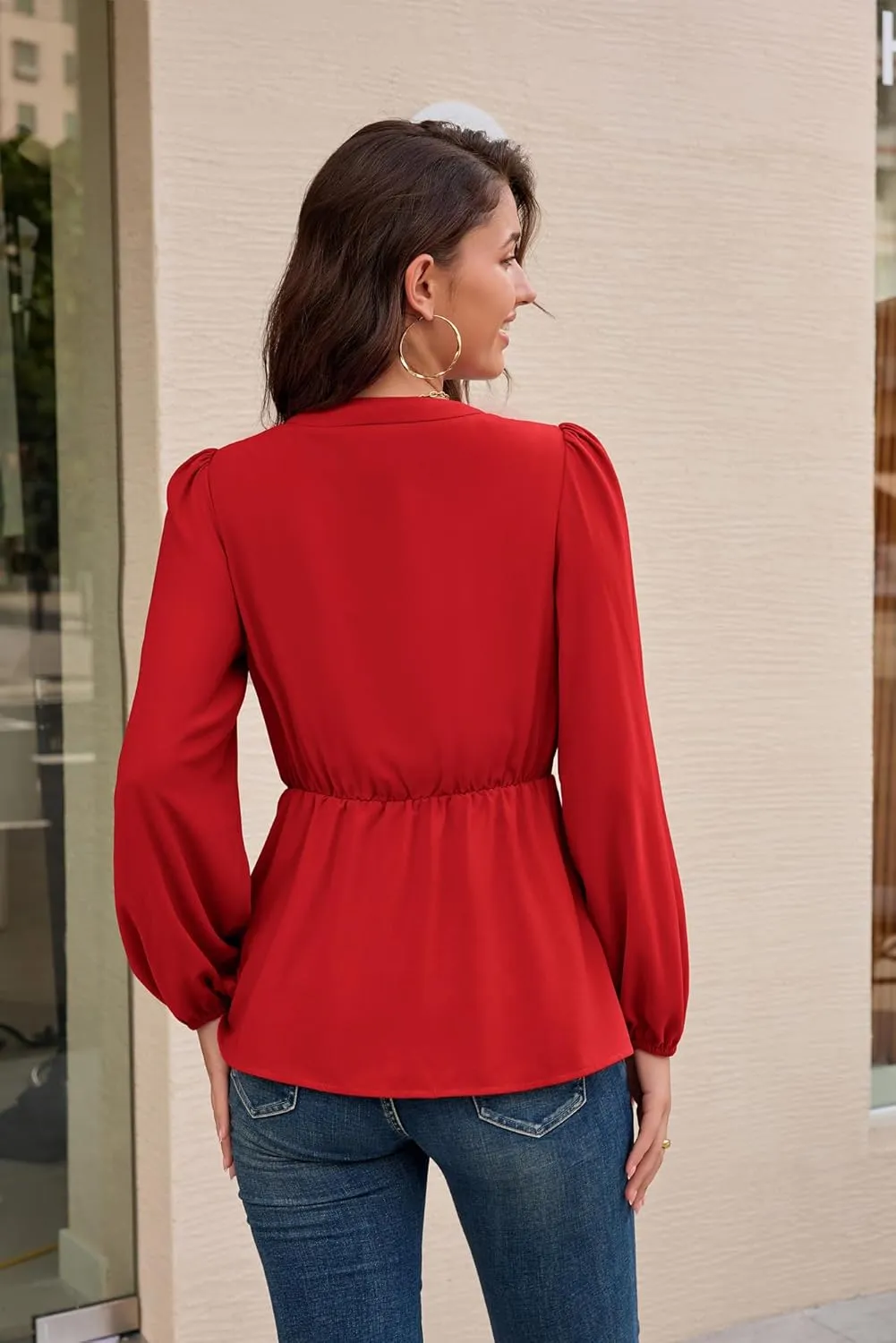 GRACE KARIN 2024 Women's Elegant Peplum Tops V Neck Tie Front Long Sleeve Shirts Tops Blouse