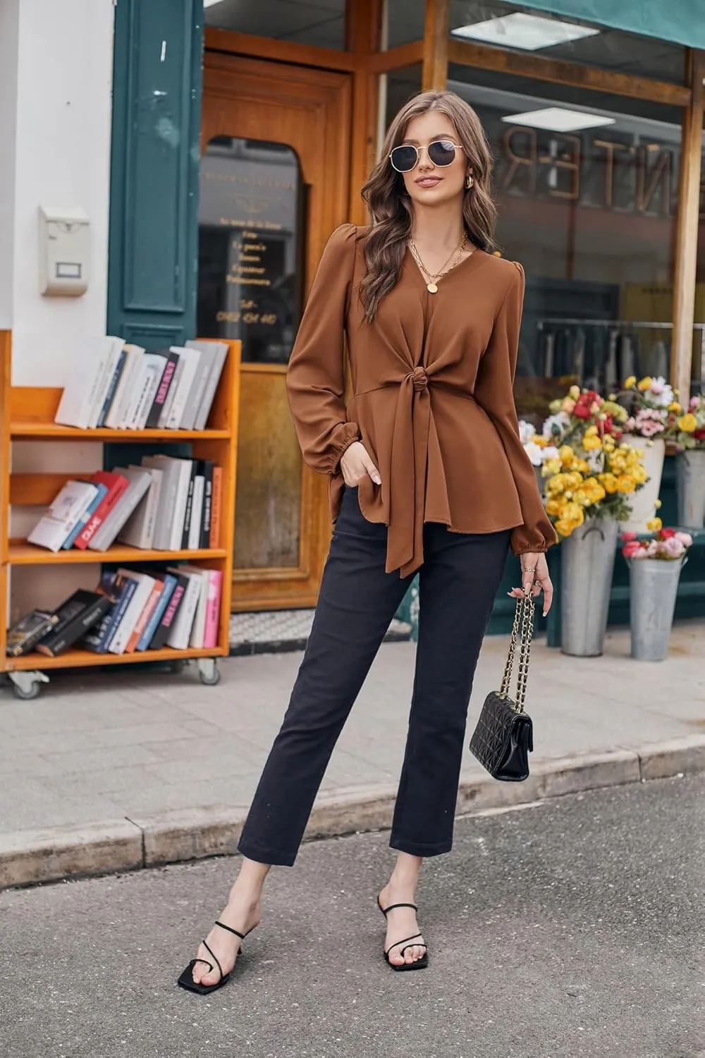 GRACE KARIN 2024 Women's Elegant Peplum Tops V Neck Tie Front Long Sleeve Shirts Tops Blouse