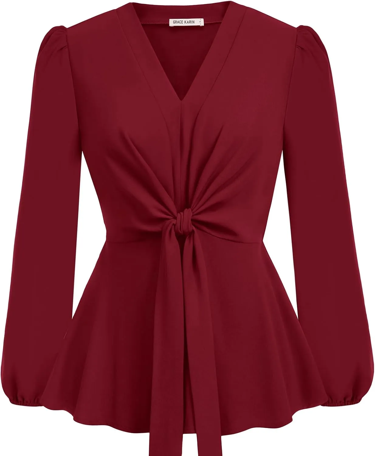GRACE KARIN 2024 Women's Elegant Peplum Tops V Neck Tie Front Long Sleeve Shirts Tops Blouse