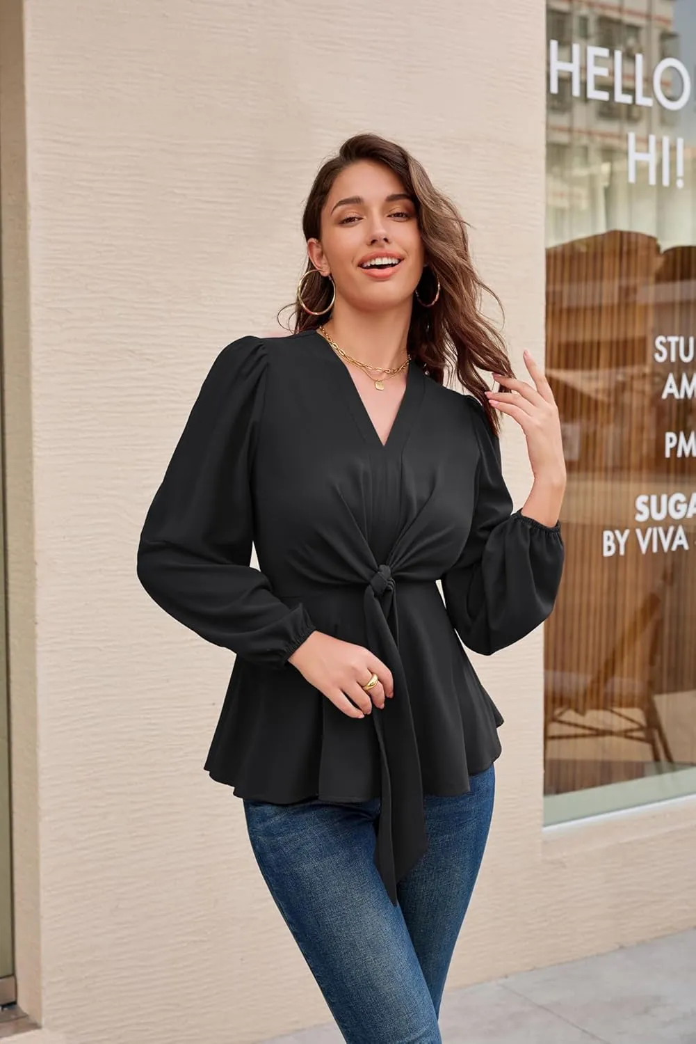 GRACE KARIN 2024 Women's Elegant Peplum Tops V Neck Tie Front Long Sleeve Shirts Tops Blouse