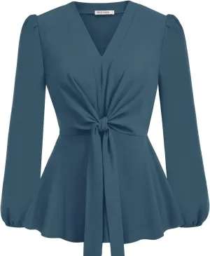 GRACE KARIN 2024 Women's Elegant Peplum Tops V Neck Tie Front Long Sleeve Shirts Tops Blouse