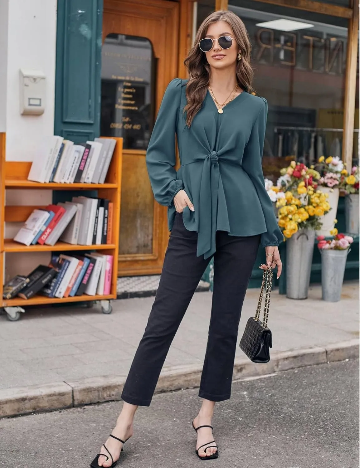GRACE KARIN 2024 Women's Elegant Peplum Tops V Neck Tie Front Long Sleeve Shirts Tops Blouse