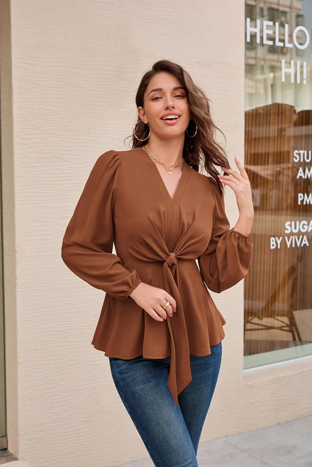 GRACE KARIN 2024 Women's Elegant Peplum Tops V Neck Tie Front Long Sleeve Shirts Tops Blouse