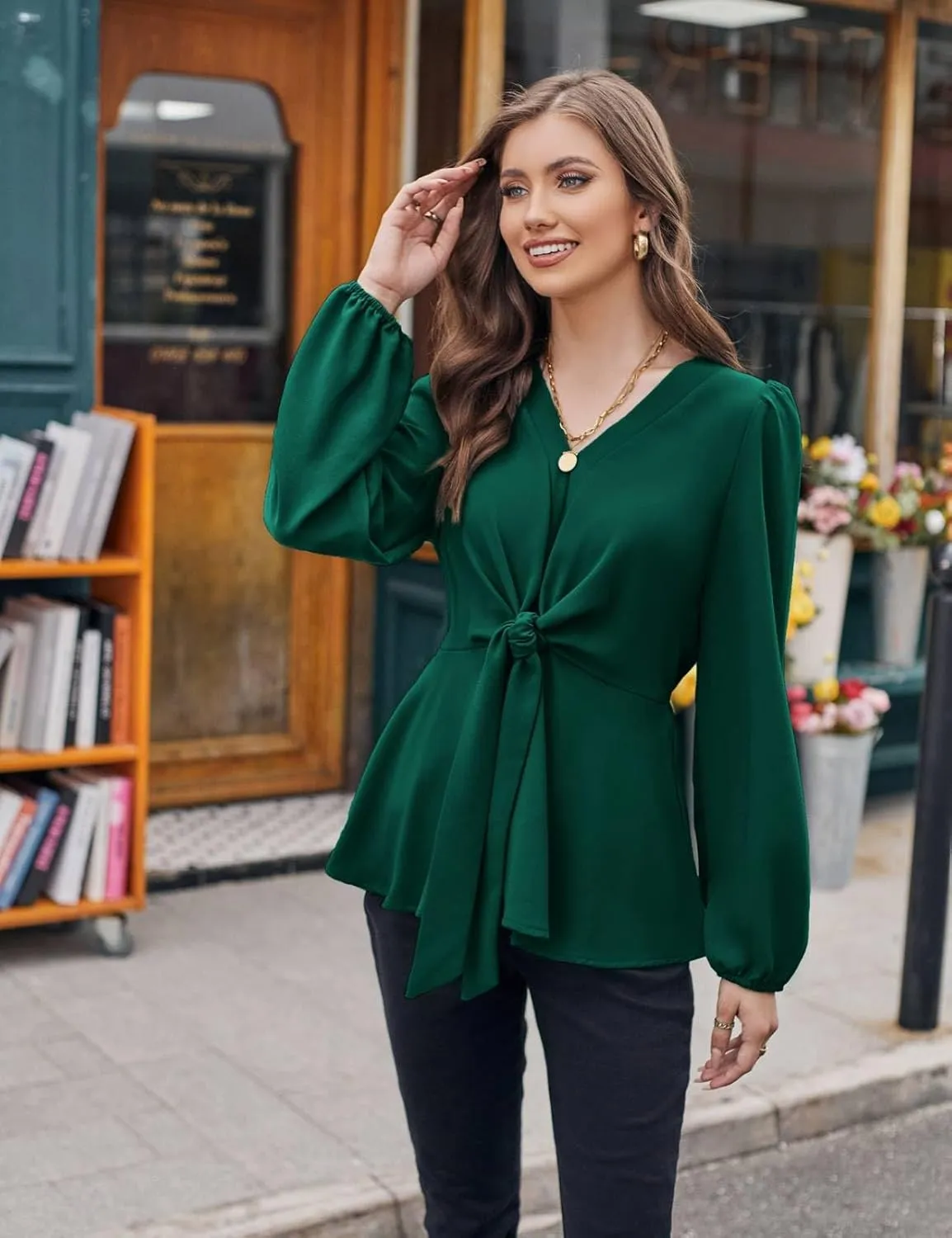 GRACE KARIN 2024 Women's Elegant Peplum Tops V Neck Tie Front Long Sleeve Shirts Tops Blouse