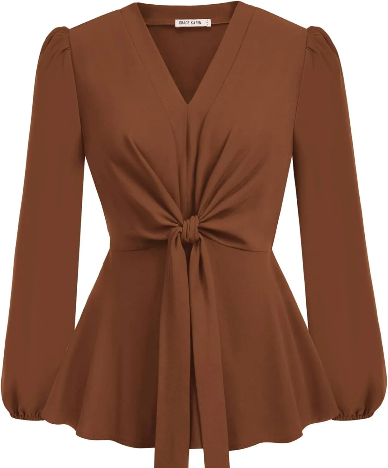GRACE KARIN 2024 Women's Elegant Peplum Tops V Neck Tie Front Long Sleeve Shirts Tops Blouse
