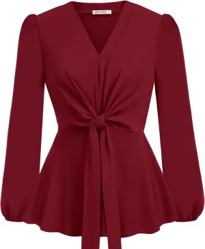 GRACE KARIN 2024 Women's Elegant Peplum Tops V Neck Tie Front Long Sleeve Shirts Tops Blouse